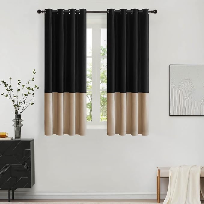 Black Beige Velvet Blackout Curtains Luxury Decor 63 inches, Color Block | by ModernShinyVelvetCurtains