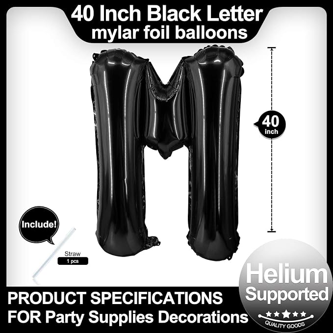 40 Inch Black Letter M Balloons, DIY Phrase Foil Alphabet Letter M Balloons DIY - Image 2