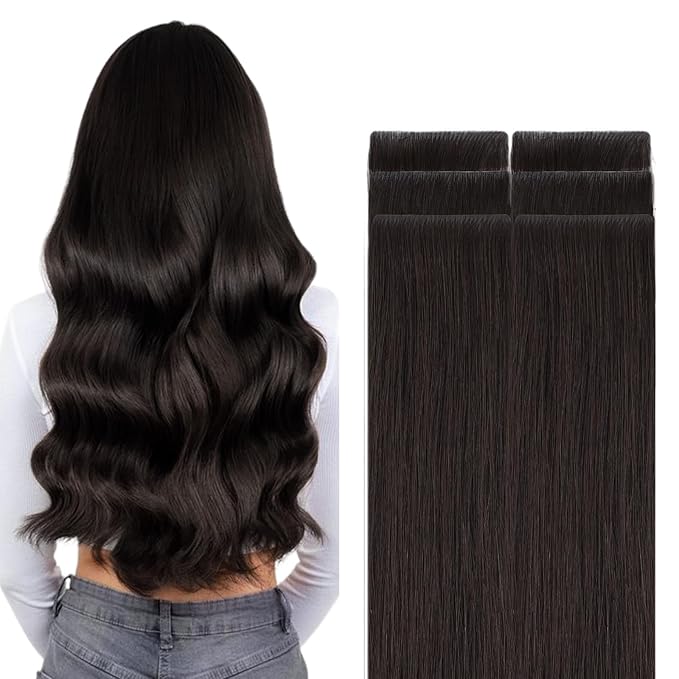 GOO GOO Invisi Edge Tape in Hair Extensions Human Hair, 2 Dark Brown, 6pcs 14inch 15g, Virgin Remy Hair, Seamless Injected Tape, Natural Look