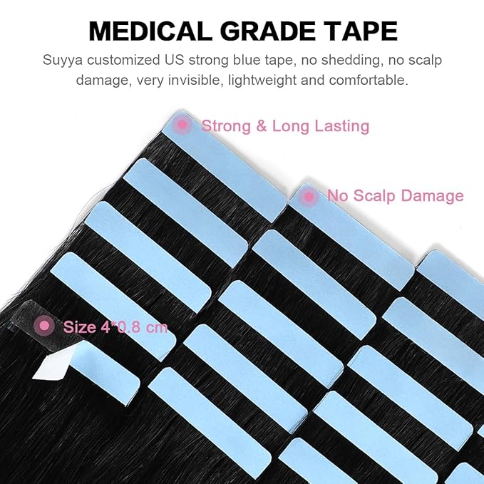 SUYYA Tape in Hair Extensions Human Hair Black Straight 20 Pcs/Pack 50g Tape in Extensions 24 inch Jet Black #1