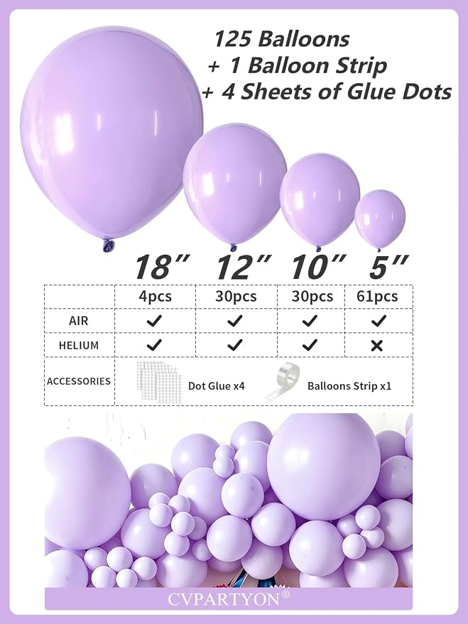 Lavender Balloons 125 pcs Different Sizes of 18 12 10 5 Inch Light Pastel - Image 2