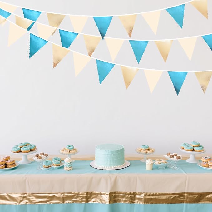 Champagne Gold Sky Blue Beige Decorations Metallic Fabric Triangle Pennant - Image 4