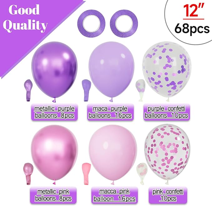 68Pcs Pink and Purple Balloons 12 Inch Metallic Purple Pink Latex Balloon - Image 2
