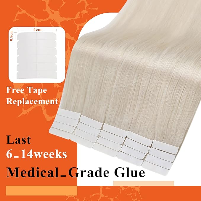 Full Shine Tape in Hair Extensions 12Inch Seamless Tape in Extensions Color 1000 White Blonde Soft Remy Skin Weft Invisible Human Hair Extension for Women 20 Pcs 30 Gram Natural