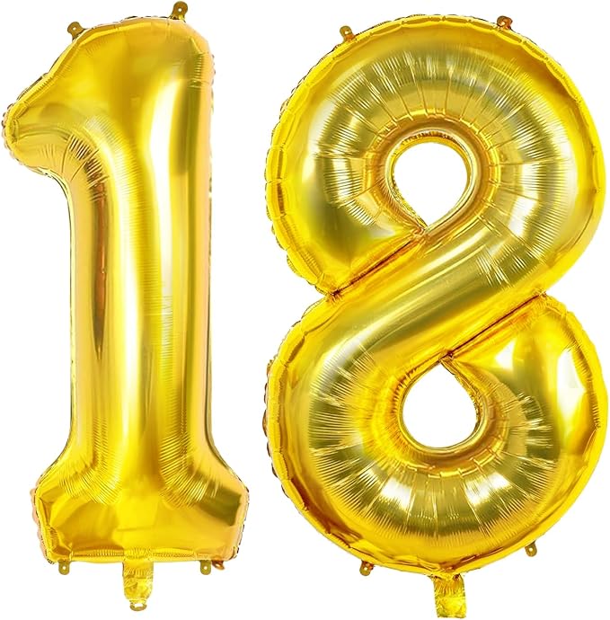 Number 18 Balloons for 18th Birthday Party Decorations, 0-100 Large Gold Foil by Joycard