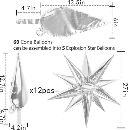 60 Pcs Star Balloons Explosion 12 Point Foil Cone Balloons Magic Balloon Large - Image 5