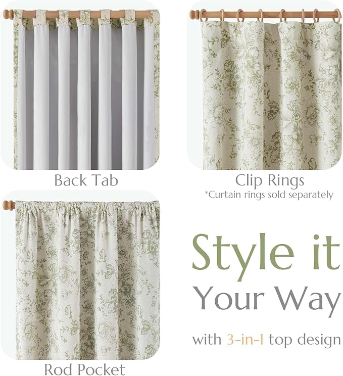 jinchan Green Floral Linen Blackout Curtains 63 Inch Back Tab 2 Panels | - Image 4