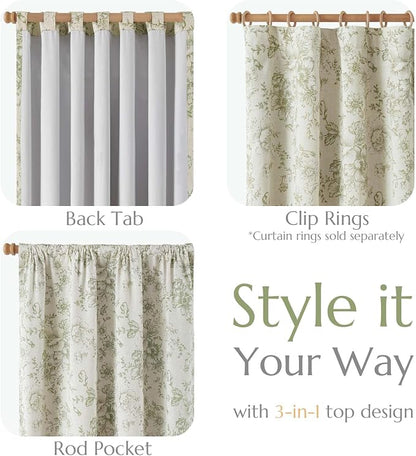 jinchan Green Floral Linen Blackout Curtains 63 Inch Back Tab 2 Panels | - Image 4