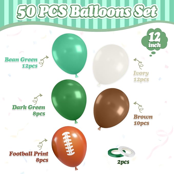 FunHot Football Balloons, 12 Inch Ivory Retro Green Football Printed Latex - Image 2