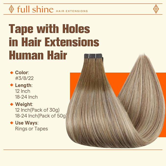 Full Shine Balayage Tape in Hair Extensions Human Hair Color 3/8/22 Dark Brown to Ash Brown and Blonde Seamless Tape in Extensions 12Inch 30G 20PCS Invisible Skin Weft Pu Tape in with Holes