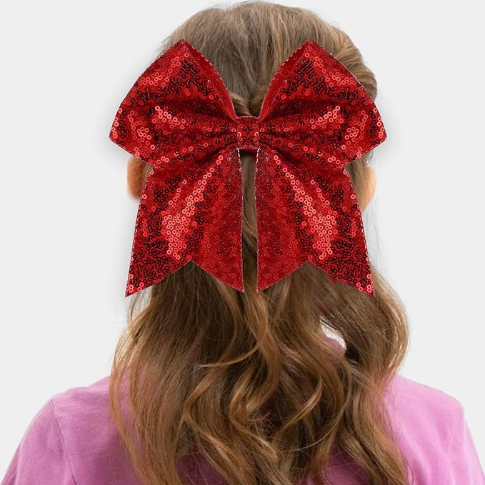 Large Glitter Cheer Bows Clips, Jumbo Big 7 Inch Cheerleading Sequin Hair Bow Hair Accessories for Teens Girls Football Sports Cheerleader Outfit Uniform (Red)