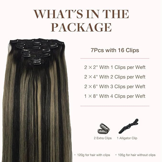 GOO GOO Clip in Hair Extensions Real Human Hair, Remy Human Hair Extensions Clip ins for Women, Natural Human Hair, 22inch 120g 7Pcs, 1B/16/1B Balayage Natural Black to Light Blonde