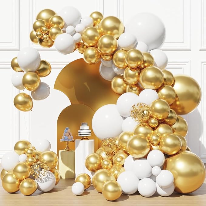 White and Gold Balloons Arch Kit, 18 12 10 5 inch, by FHEKFNG