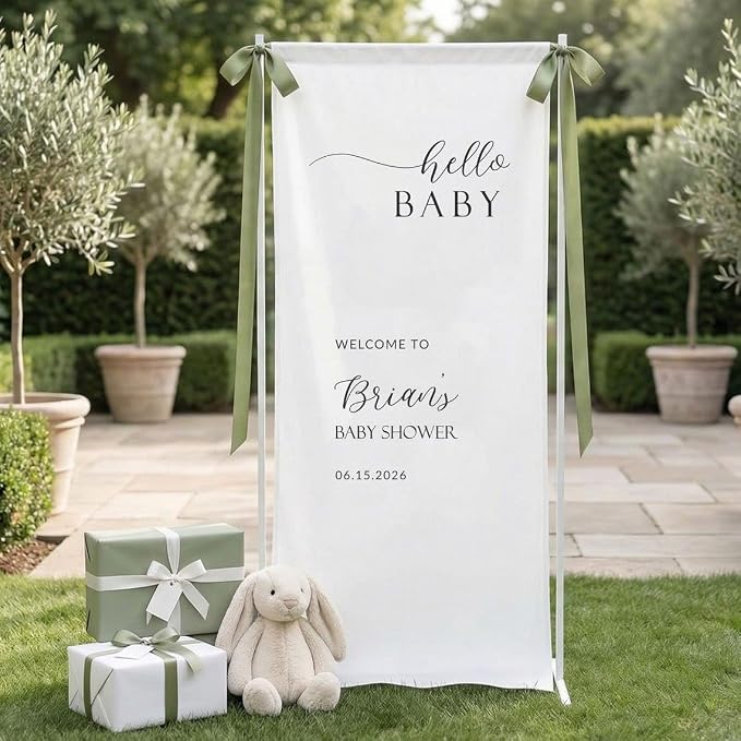 Custom Hello Baby Shower Welcome Banner, Linen Fabric Party Décor - Image 2
