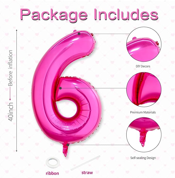 40 Inch Hot Pink Number 6 Balloon, Giant Number Balloons, Birthday Decor | - Image 3