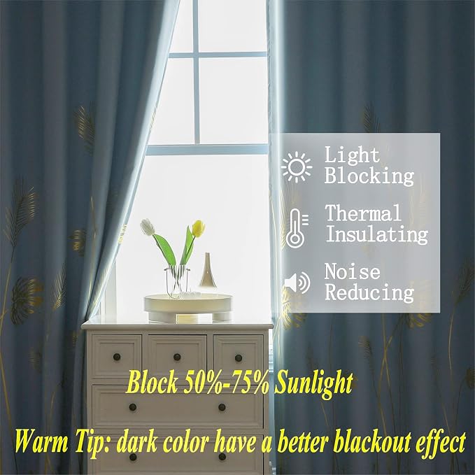 Sky Blue Blackout Curtains for Bedroom, Room Darkening Gold Palm Tree Pattern - Image 6