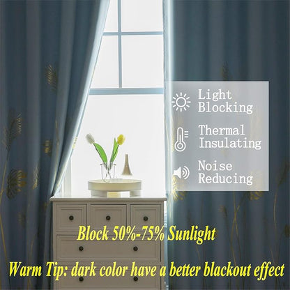 Sky Blue Blackout Curtains for Bedroom, Room Darkening Gold Palm Tree Pattern - Image 6