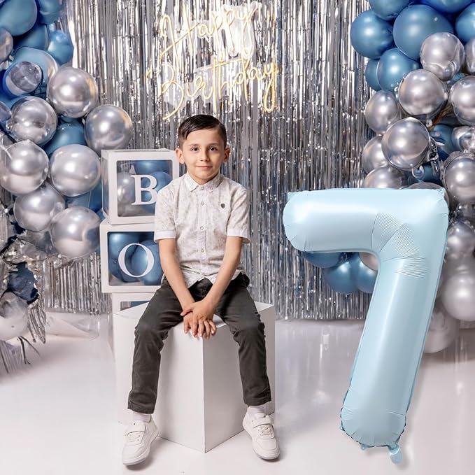 7th Birthday Balloons for Boys, Pastel Dusty Sky Blue Large Helium Mylar 7 - Image 3