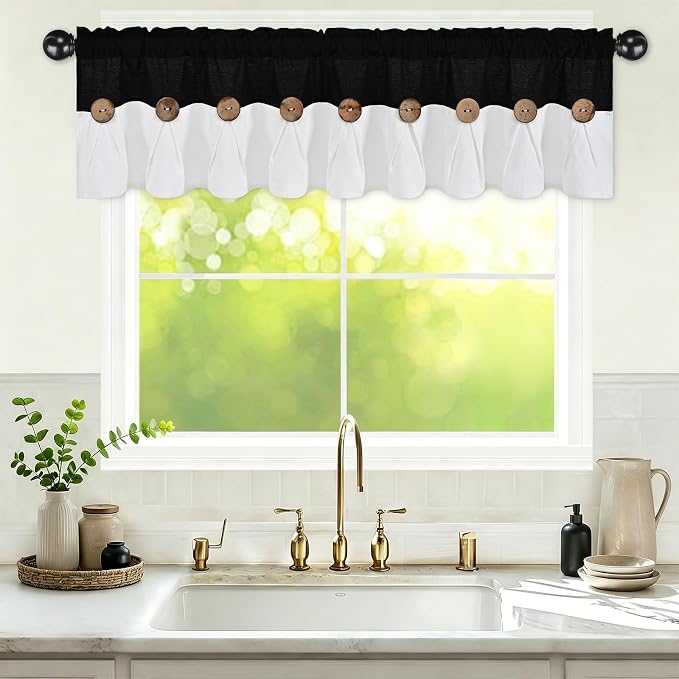 Farmhouse Valance Curtains, Boho Cotton Linen Kitchen Valance, Rustic Button - Image 2