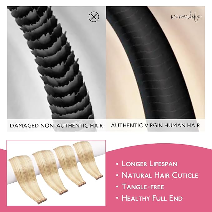 WENNALIFE Tape in Hair Extensions Human Hair Balayage Light Wheat Platinum Blonde Tape in Extensions, 10pcs 25g 16 inch Remy Invisible Tape Ins Straight Colored Soft Real Human Hair Tape in Extensions