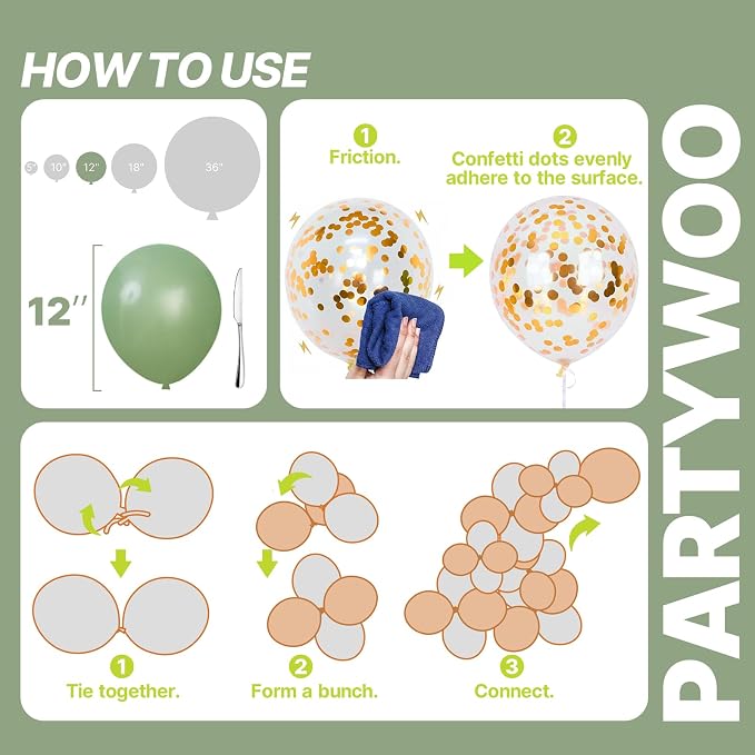 PartyWoo Sage Green Balloons 66pcs Pack Gold and Sand White Balloons | Metallic - Image 5