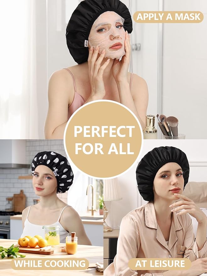 Years Calm Shower Caps For Women Reusable Waterproof，Pattern And Solid Color Dual-Layer Design For Dual-Layer Usable，Protects Hair In Shower, Spa, Cooking, Clean & Travel (Black, Extra Large)