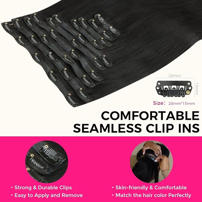 Lashey Seamless Clip in Hair Extensions Real Human Hair with Invisi Edge 24 Inch 260g Thick Hair 10pcs Natural Black Straight Seamless Clip ins