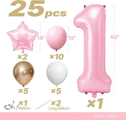 PartyWoo Number Balloons 40 Inch Pink Number 1 Kit 25pcs - Image 2