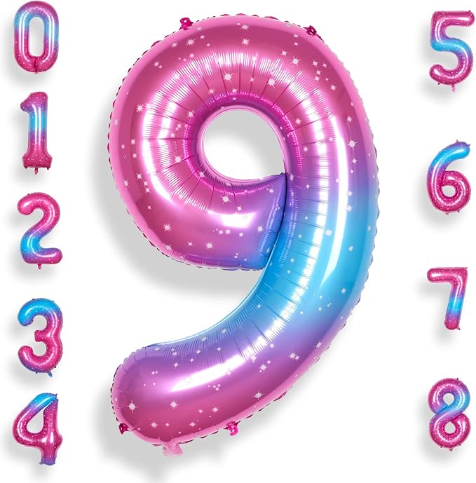 RainbowQ Blue Pink 9 Balloon Number 40 Inch Big 0-10 Foil Large Balloon | by RainbowQParty
