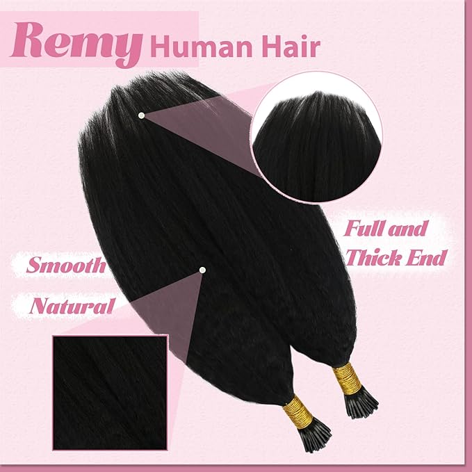 YoungSee I Tips Hair Extensions Kinky Straight 18 Inch Black I Tips Hair Extensions Real Human Hair Black Women 60s Kinky Itip Hair Extension Human Hair Yaki Pre Bonded Hair for Black Women 50g