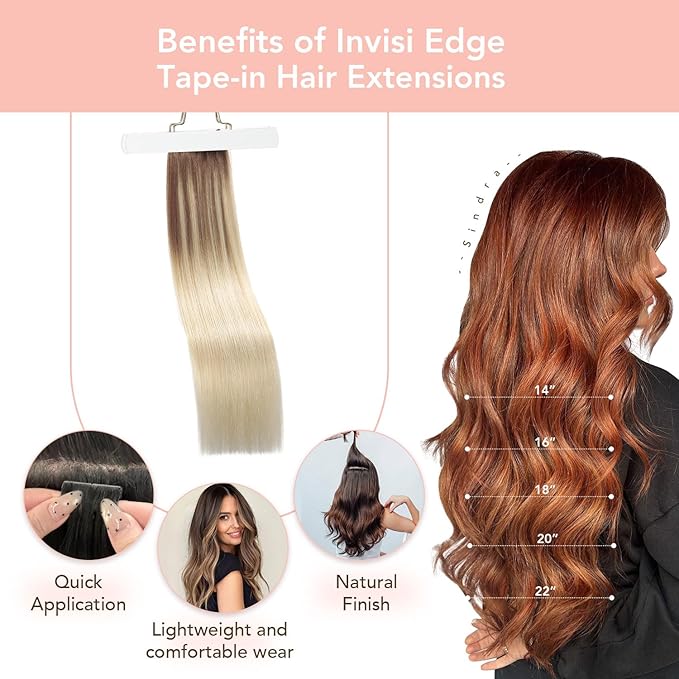Sindra Invisible Tape in Human Hair Extensions Ash Brown to Platinum Blonde Injected Tape-ins Straight Seamless Invisible Extensions Straight 14 Inch 40g 20pcs