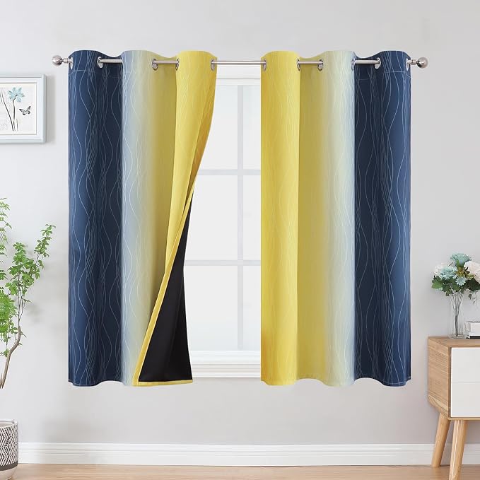 Navy Blue and Yellow Ombre Blackout Curtains 45 Inch Length 2 Panels, Full Room by ESTELARTEXTILER