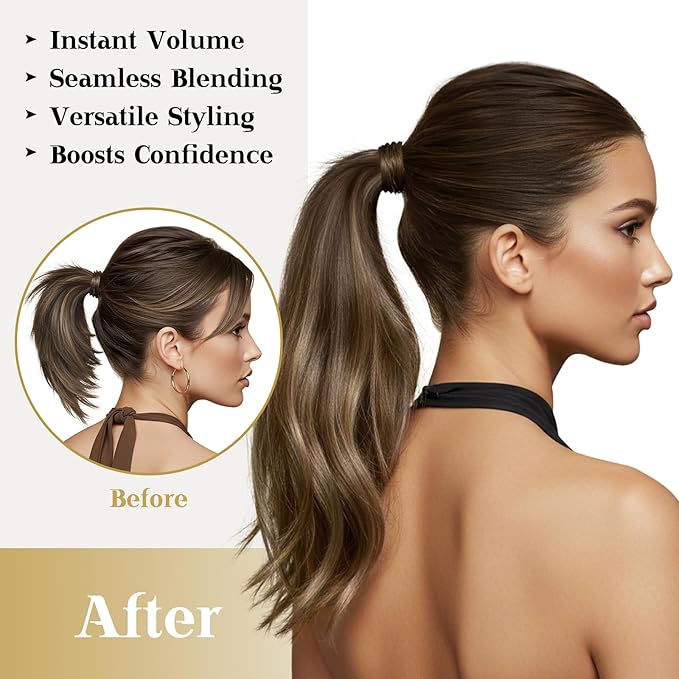 Ve Sunny Hair Extensions Ponytail Real Human Hair Wrap Around Clip in Ponytail Hair Extensions Straight Extensions Human Hair for Women Medium Brown Balayage Ombre Caramel Blonde 20inch 80G