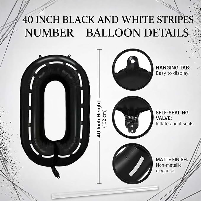 Black and White Stripes Number 0 Balloon 40 Inch, Foil Road Style Numeral | - Image 4