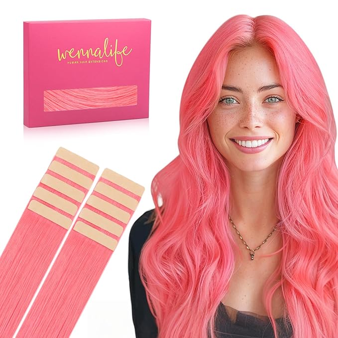WENNALIFE Tape in Hair Extensions Human Hair Light Pink Tape in Extensions, 10pcs 30g 24 inch Remy Invisible Tape Ins Straight Colored Soft Real Human Hair Tape in Extensions Refill Set Extensions