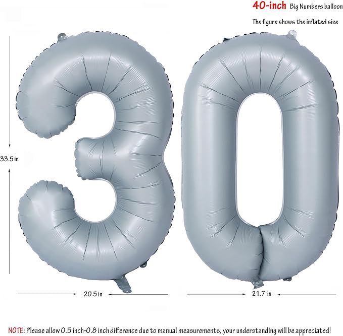 40 In Matte gray Number Balloon Helium Foil Mylar Birthday Balloon Digit 30 | - Image 2