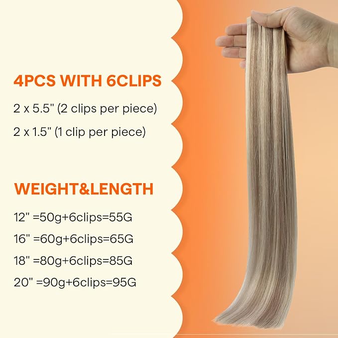 Full Shine Seamless Clip in Hair Extensions Real Human Hair, Ash Blonde with Blonde Highlight, Invisible PU Weft Remy Human Hair Extensions Fill Ins, 4Pcs 18Inch 85 grams