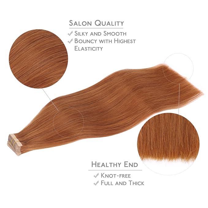 WENNALIFE Tape in Hair Extensions Human Hair, 20pcs 60g 28 inch Dirty Ginger Remy Hair Straight Skin Weft