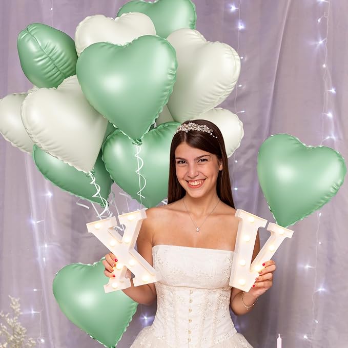 Sage Green White Heart Balloons, 18inch Olive Green Cream White Heart Shape - Image 6