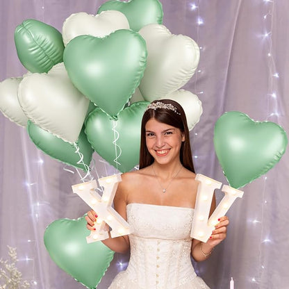 Sage Green White Heart Balloons, 18inch Olive Green Cream White Heart Shape - Image 6