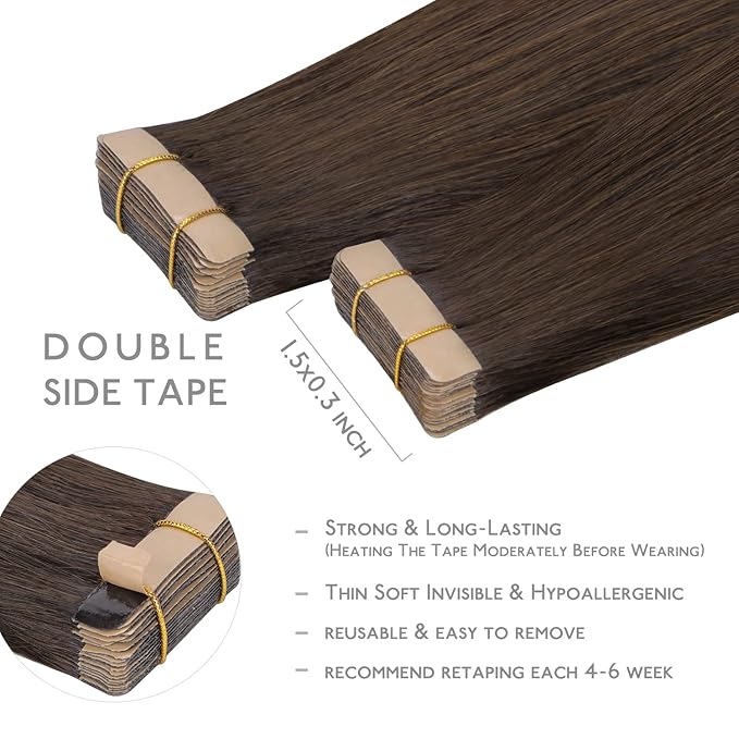 WENNALIFE Tape in Hair Extensions Human Hair, 20pcs 50g 16 inch Light Dark Brown Remy Hair Extensions Straight Human Hair Tape in Extensions Skin Weft Tape Extensions Human Hair