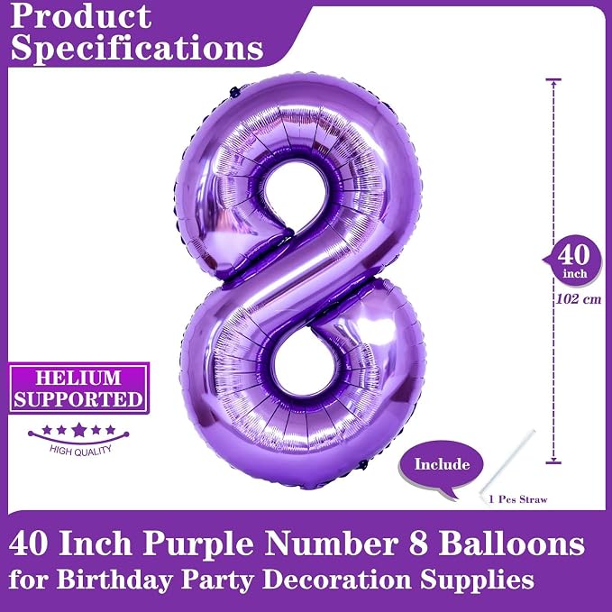 Purple Number 8 Balloons, 40 Inch Giant Number Balloons Foil Mylar Helium - Image 2