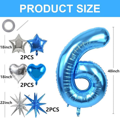 TONIFUL 6th Birthday Balloons Kit 40 Inch Blue Large Number 6 Foil Balloon | - Image 2