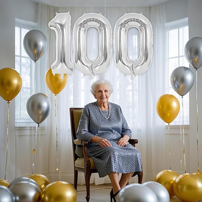 Silver Number 100 Balloon, 40 Inch Foil Helium Number Balloons, 100th Birthday - Image 4