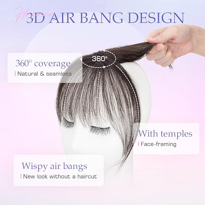 Hairro Clip On Bangs Human Hair Bangs Hair Clip In Bangs 3D 360°Cover Topper With Bangs Wispy Air Bangs Hair Pieces Fake Bangs For Women 8 Inches 10g #1B Natural Black