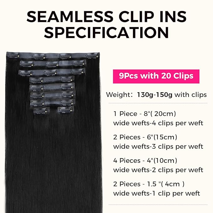 Lashey Seamless Clip in Hair Extensions Human Hair 150g 9pcs #1 Jet Black Straight 24 Inch Clip in Hair Extensions with PU Soft Invisi Edge