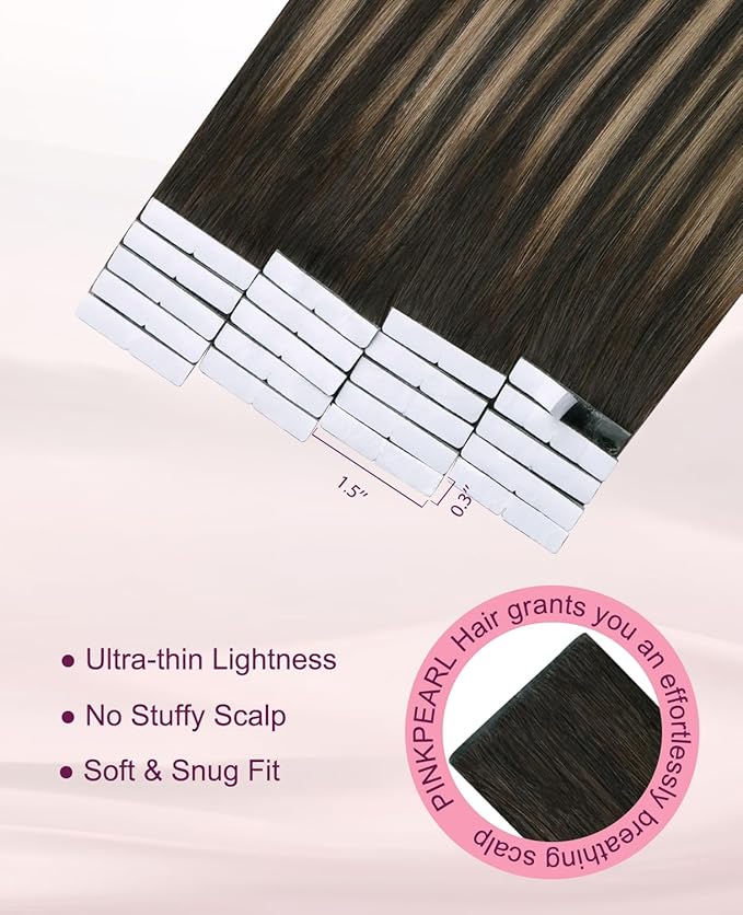 Pinkpearl Invisible Tape in Hair Extensions Human Hair, 20pcs 16inch 45g #2/6/2 Balayage Dark Brown to Chestnut Brown Injection Tape in Extensions Real Remy Human Hair Injected