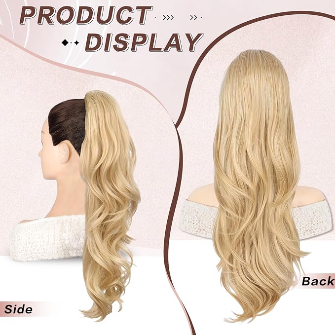 Blonde Ponytail Extension, 26 Inch Drawstring Ponytail Extension for Women Long Blonde Wavy Layered Pony Tails Hair Extensions Synthetic Clip in Ponytail Hairpiece for Women(27/613)