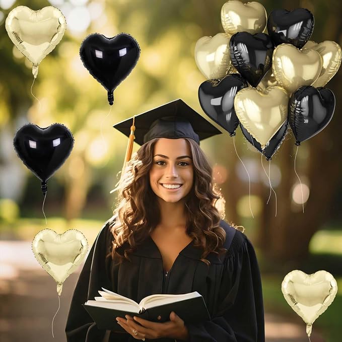 Black Gold Foil Heart Balloons, 18 Inch 10 Pcs Light Gold and Black Heart Shape - Image 4