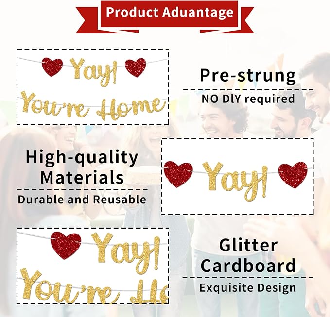 Gold Glitter Welcome Home Banner, Yay! You're Home Banner - Image 3